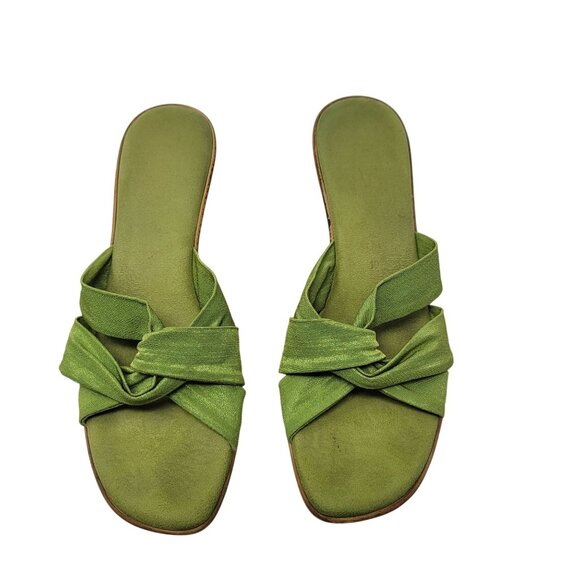 Vtg Handmade Italian Lime Green Vegan Wedge Sandals Sz 10 Knotted Open Toe Resor - Picture 2 of 10